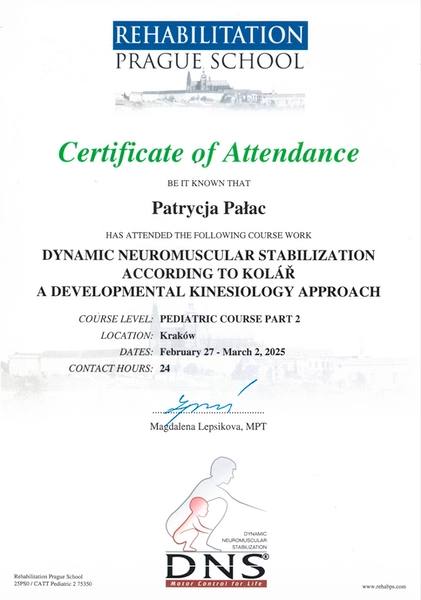 Certyfikat szkolenia Dynamic Neuromuscular Stabilization Part 2 Patrycji Pałac fizjoterapeutki dziecięcej apriori centrum medyczne