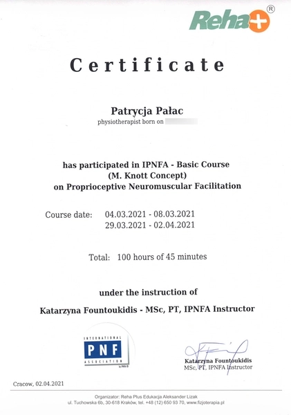 Certyfikat kursu Proprioceptive Neuromuscular Facilitation PNF Patrycji Pałac fizjoterapeutki dziecięcej apriori centrum medyczne