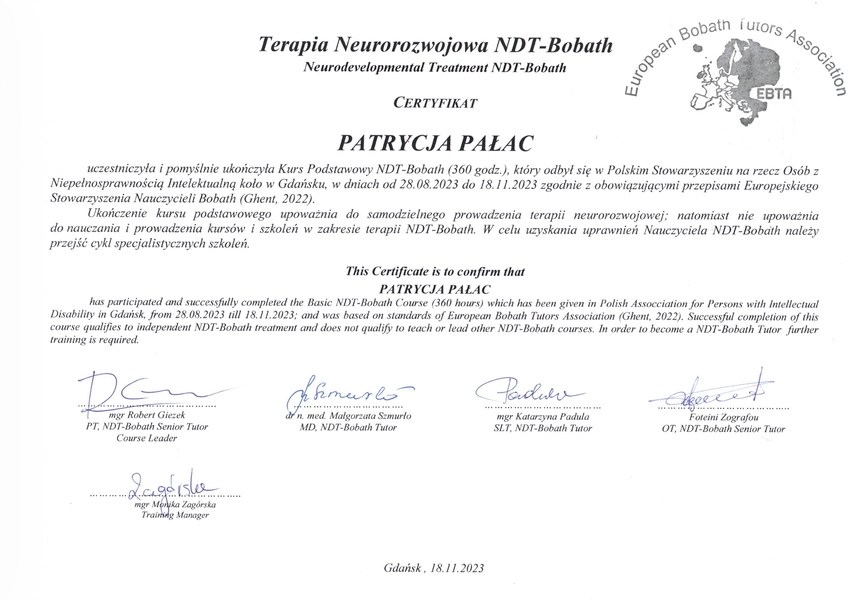 Certyfikat szkolenia NDT-Bobath Terapii Neurorozwojowej dzieci Patrycji Pałac fizjoterapeutki dziecięcej apriori centrum medyczne