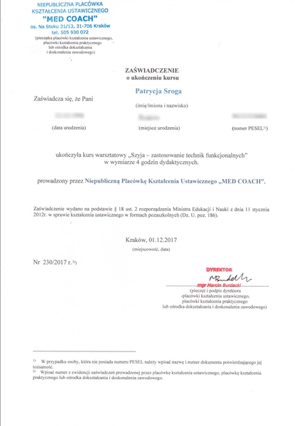 Certyfikat kursu Szyja zastosowanie technik funkcjonalnych Patrycji Pałac fizjoterapeuta dzieci apriori centrum medyczne