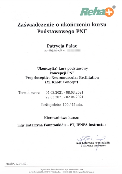 Certyfikat kursu PNF propriocepcja Patrycji Pałac fizjoterapeuta dzieci apriori centrum medyczne